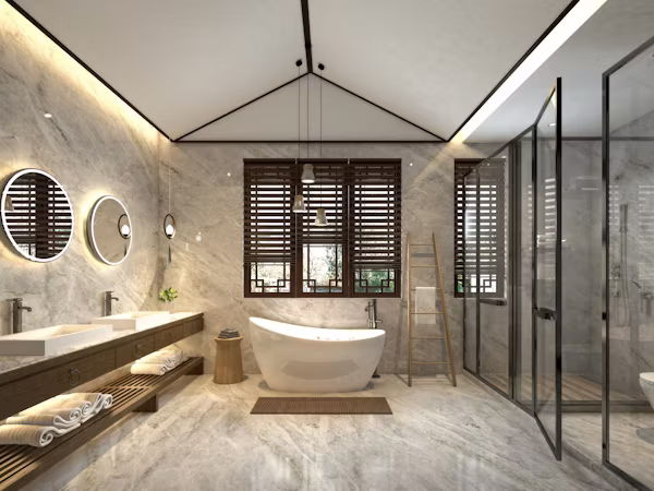 Remodeler installing floating vanity and large-format tile in updated Dublin bathroom, Skilled bathroom remodeler measuring shower wall layout for precise tile installation