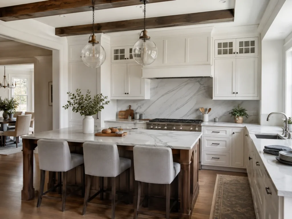 Kitchen Design in Pleasanton - CA shown as a designer reviews cabinet layouts with homeowners