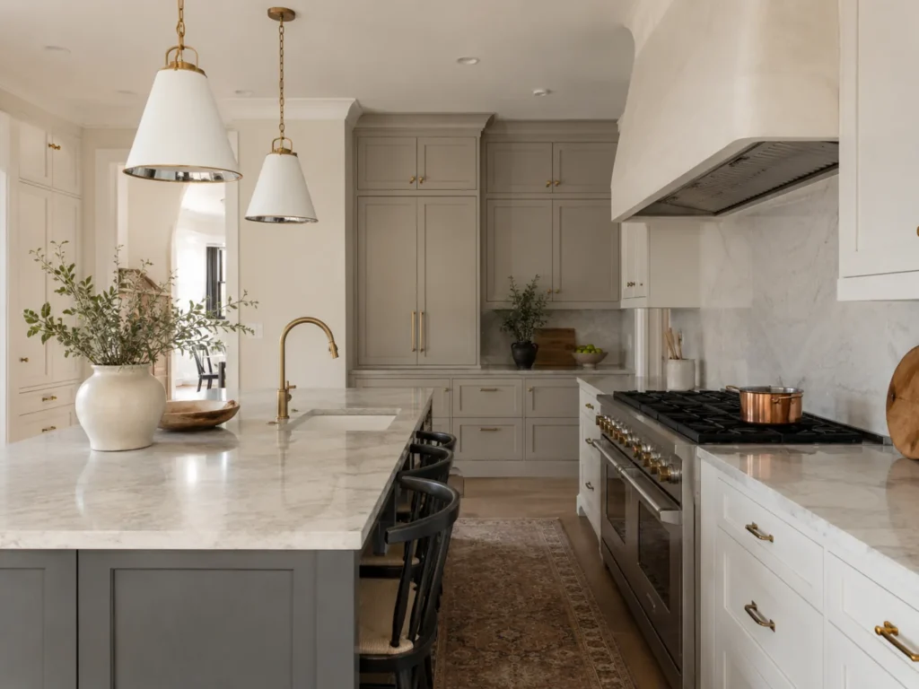 Kitchen Design in Hayward - CA shown as a planner reviews cabinet drawings at a family home
